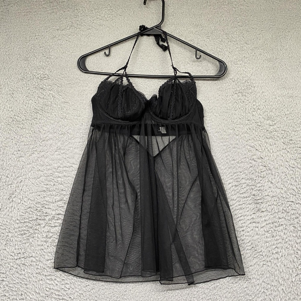 Frederick's Of Hollywood Babydoll Gown Womens Medium Black Mesh Sheer Lace